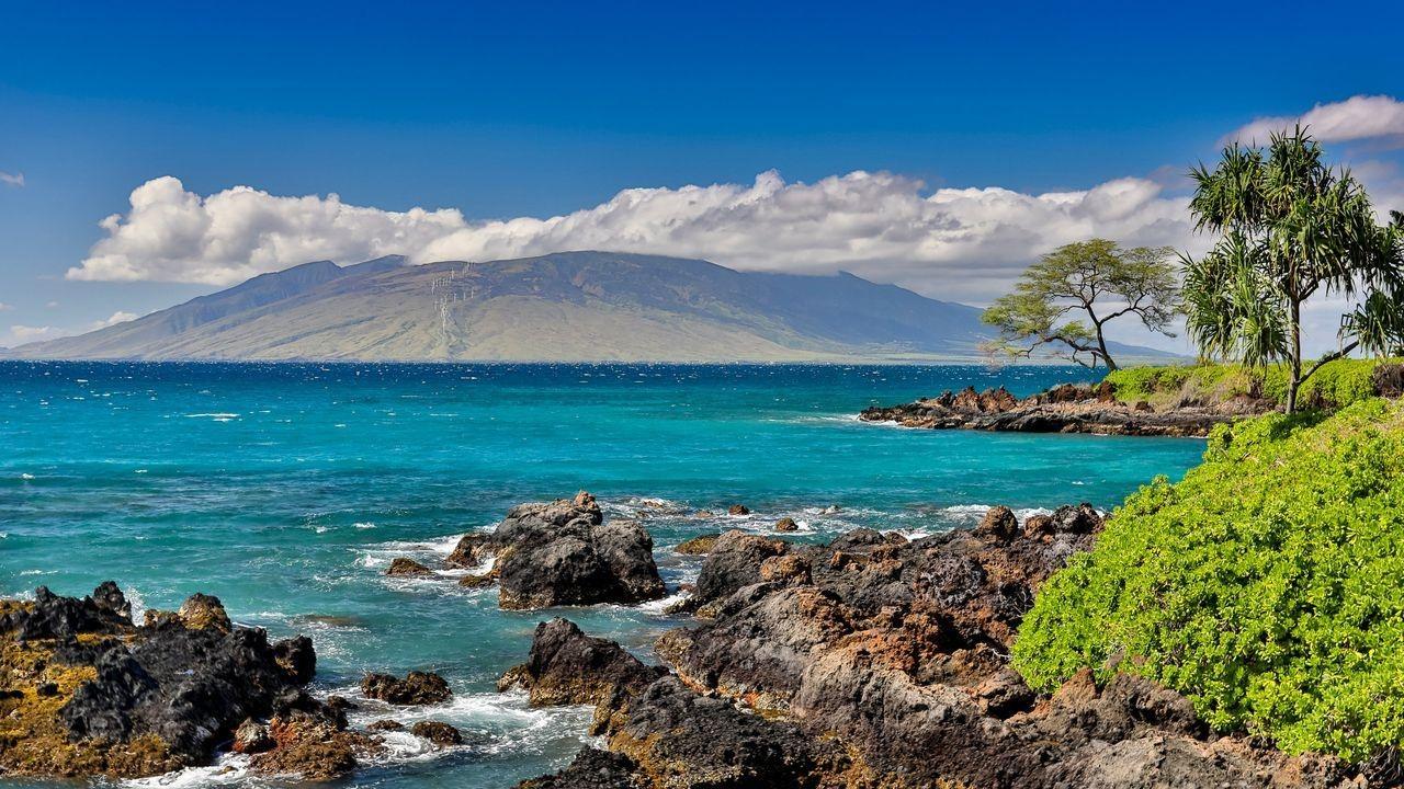 Wind-rippled Turquoise Ocean, Volcanic Rock Coast, Tropical Trees, Distant Island Mountain, Maui, Hawaii - Spotlight Gallery